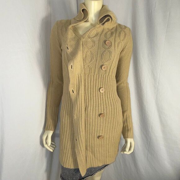 Vintage Derek Heart Camel Cable-Knit Sweater Coat | Longline Button-Up Cardigan - Picture 5 of 13